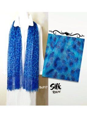 100% Silk Rectangle Scarf Sheer Blue Leopard Animal Print Silvery Dots Tassels